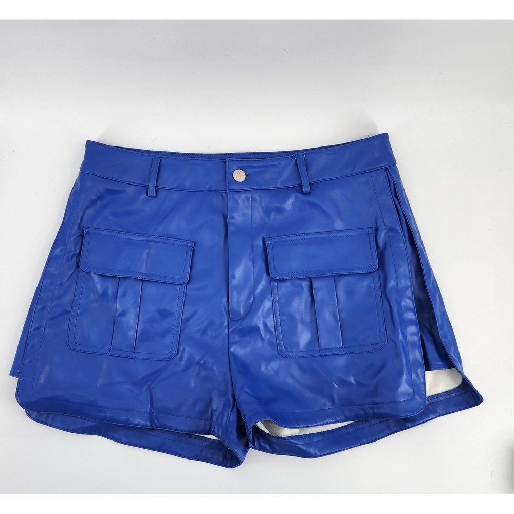 Akira Royal Blue Faux Leather Cargo Pocket Detail Shorts Large